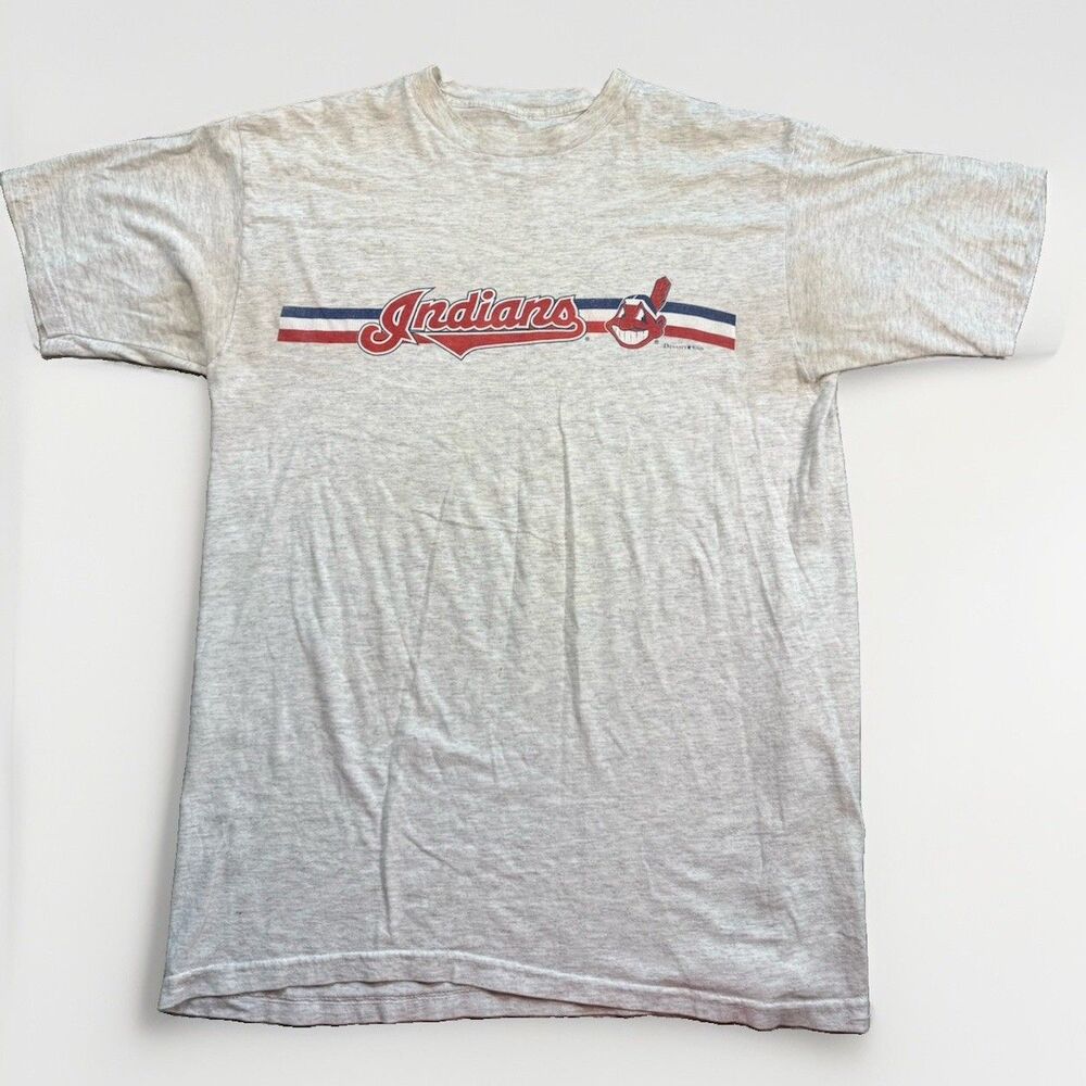 Vintage 1999 MLB Cleveland Indians Gray‎ T-Shirt Graphic Logo Stripes